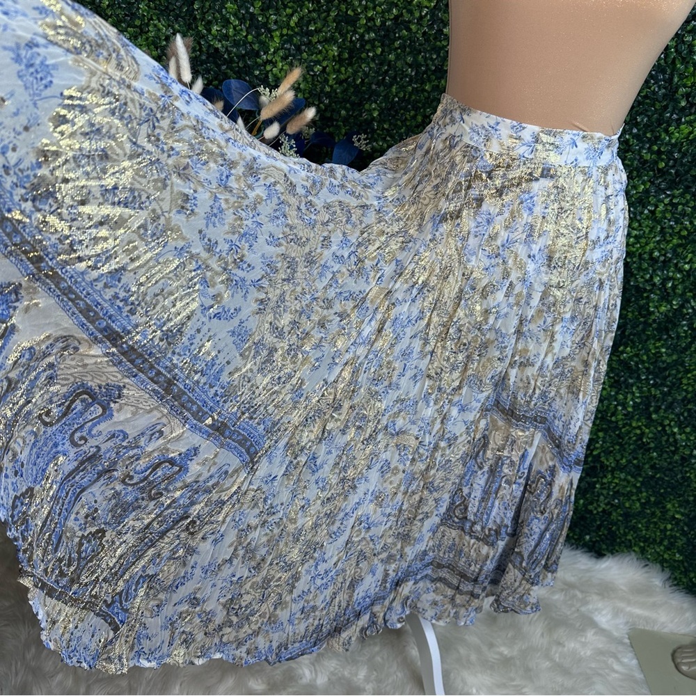 Soft‎ Surroundings silk blend blue paisley metalic gold Pleated Midi Skirt NWOT - Picture 6 of 13